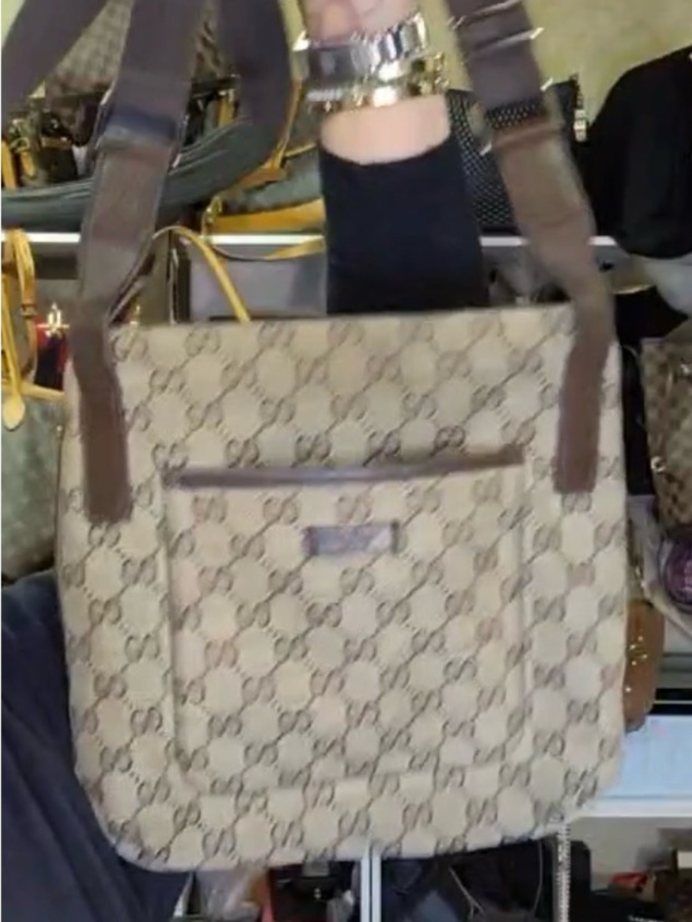 Gucci Beige GG Canvas Tote with Brown Leather Trim
